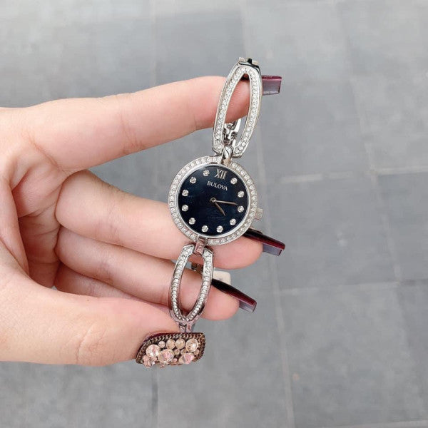 Bulova Crystal Black Mother of Pearl Dial Silver Steel Strap Watch for Women - 96L224 Buy Now By Bulova