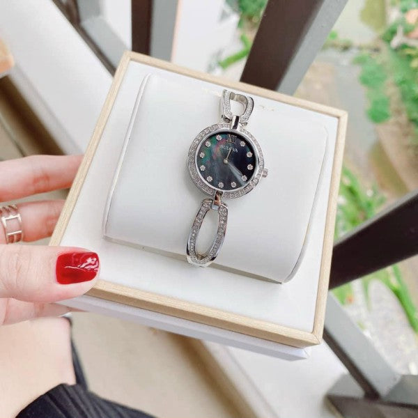 Bulova Crystal Black Mother of Pearl Dial Silver Steel Strap Watch for Women - 96L224 Buy Now By Bulova