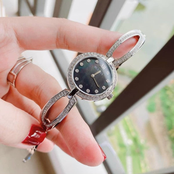 Bulova Crystal Black Mother of Pearl Dial Silver Steel Strap Watch for Women - 96L224 Buy Now By Bulova