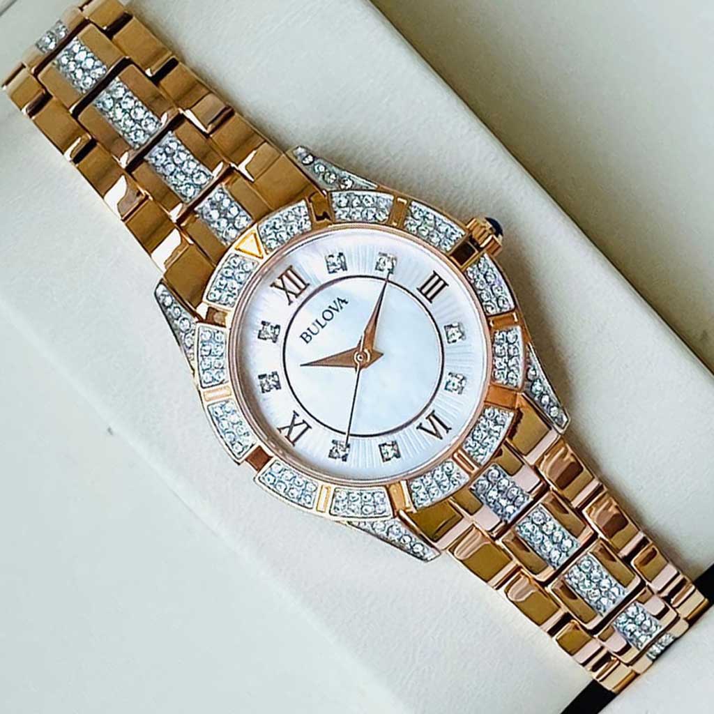 Bulova Crystal Mother of Pearl Dial Rose Gold Steel Strap Watch for Women - 98L197 Buy Now By Bulova