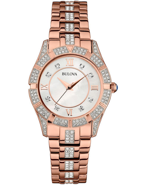 Bulova Crystal Mother of Pearl Dial Rose Gold Steel Strap Watch for Women - 98L197 Buy Now By Bulova