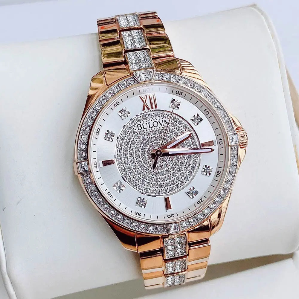 Bulova Crystal Collection Silver Dial Rose Gold Steel Strap Watch for Women - 98L229 Buy Now By Bulova