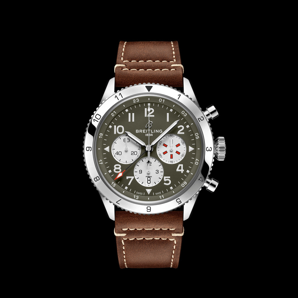 Breitling Super Avi B04 Chronograph GMT 46 Curtiss Warhawk Green Dial Brown Leather Strap Watch for Men - AB04452A1L1X1 Buy Now By Breitling