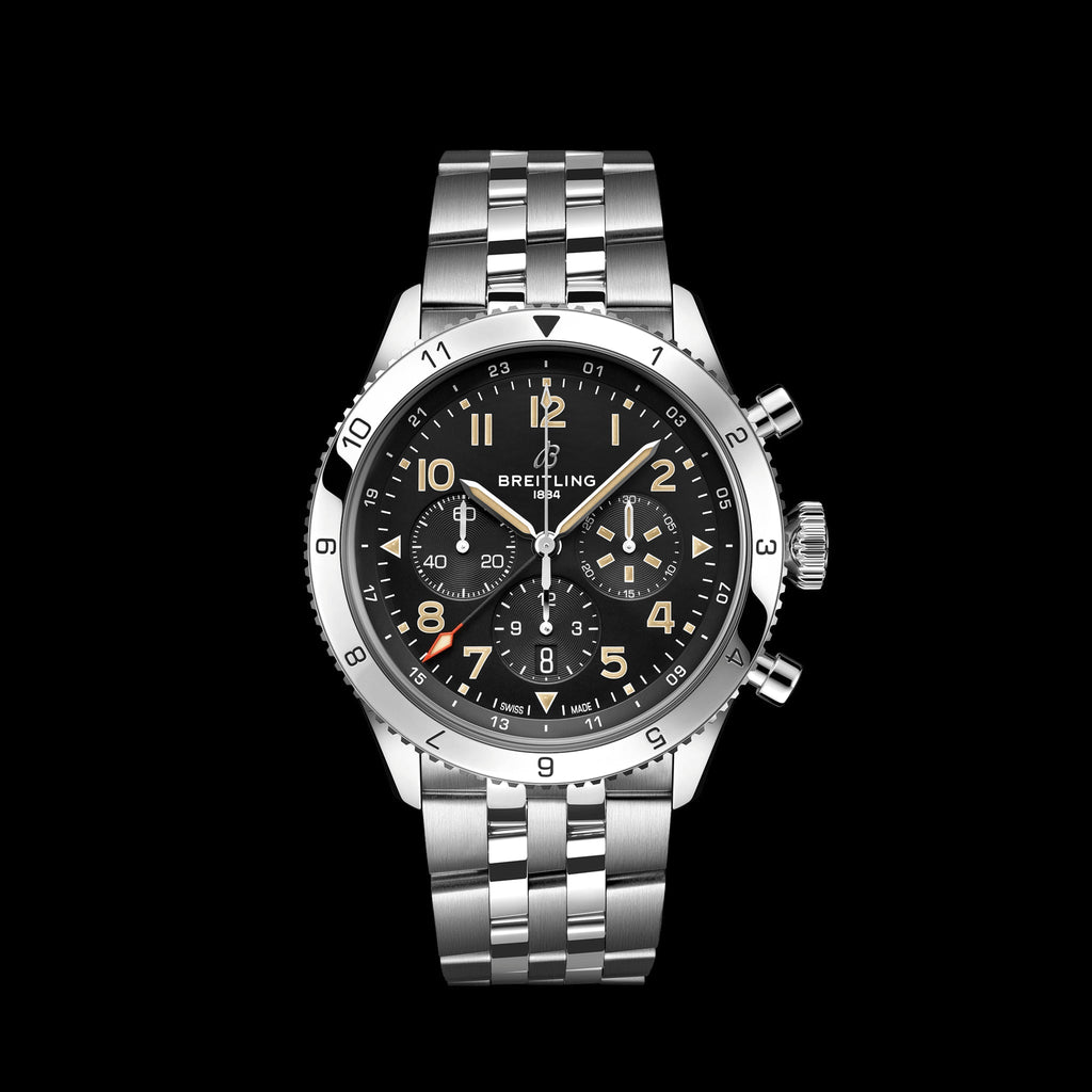 Breitling Super Avi B04 Chronograph GMT 46 P-51 Mustang Black Dial Silver Steel Strap Watch for Men - AB04453A1B1A1 Buy Now By Breitling