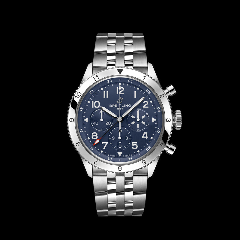 Breitling Super Avi B04 Chronograph GMT 46 Tribute to Vought F4U Corsair Blue Dial Silver Steel Strap Watch for Men - AB04451A1C1A1 Buy Now By Breitling