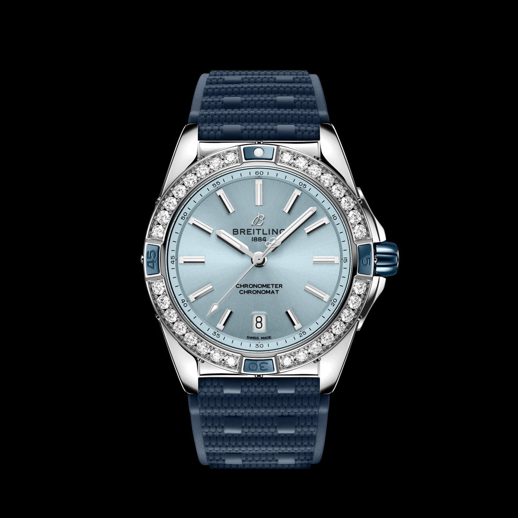 Breitling Super Chronomat Automatic 38 Diamonds Blue Dial Blue Rubber Strap Watch for Women - A17356531C1S1 Buy Now By Breitling