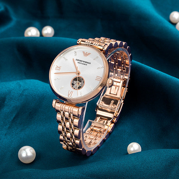 Emporio Armani Gianni T-Bar Silver Dial Rose Gold Steel Strap Watch For Women - AR60023 Buy Now By Emporio Armani