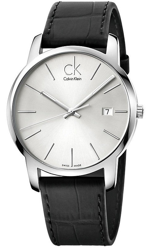 Calvin Klein City Date Silver Dial Black Leather Strap Watch for Men - K2G2G1C6 Buy Now By Calvin Klein