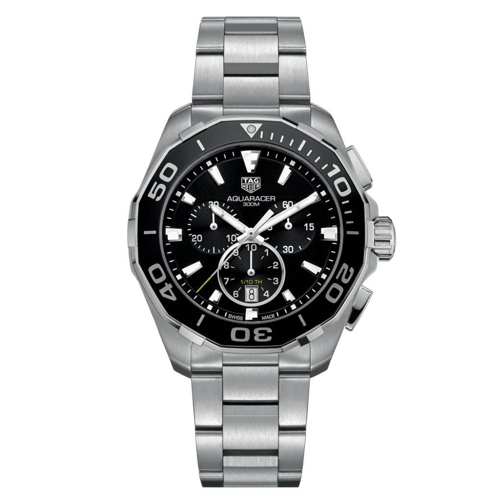 Tag Heuer Aquaracer Quartz Chronograph Black Dial Silver Steel Strap Watch for Men - CAY111A.BA0927 Buy Now By Tag Heuer