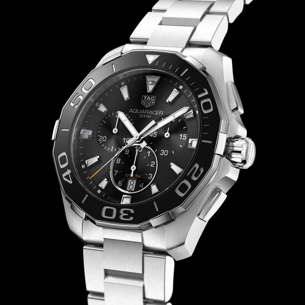 Tag Heuer Aquaracer Quartz Chronograph Black Dial Silver Steel Strap Watch for Men - CAY111A.BA0927 Buy Now By Tag Heuer