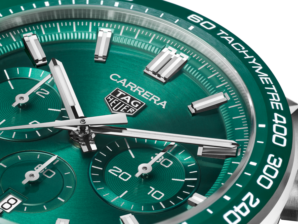 Tag Heuer Carrera Chronograph 44mm Green Dial Green Steel Strap Watch for Men - CBN2A1N.FT6238 Buy Now By Tag Heuer