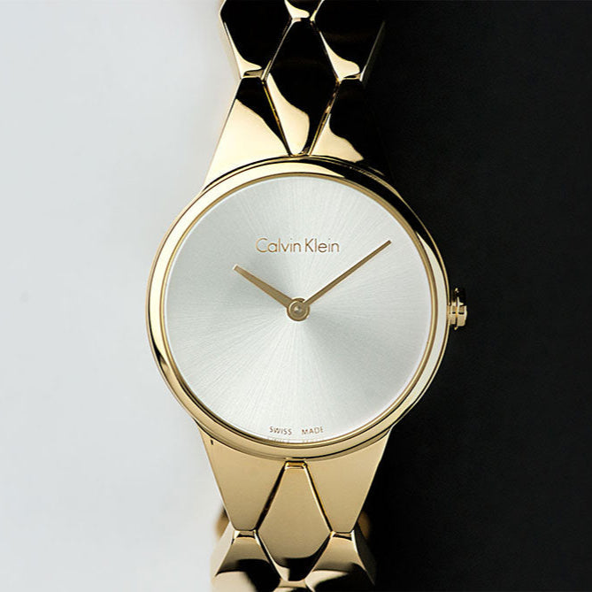 Calvin Klein Snake Silver Dial Yellow Gold Steel Strap Watch For Women - K6E23546 Buy Now By Calvin Klein