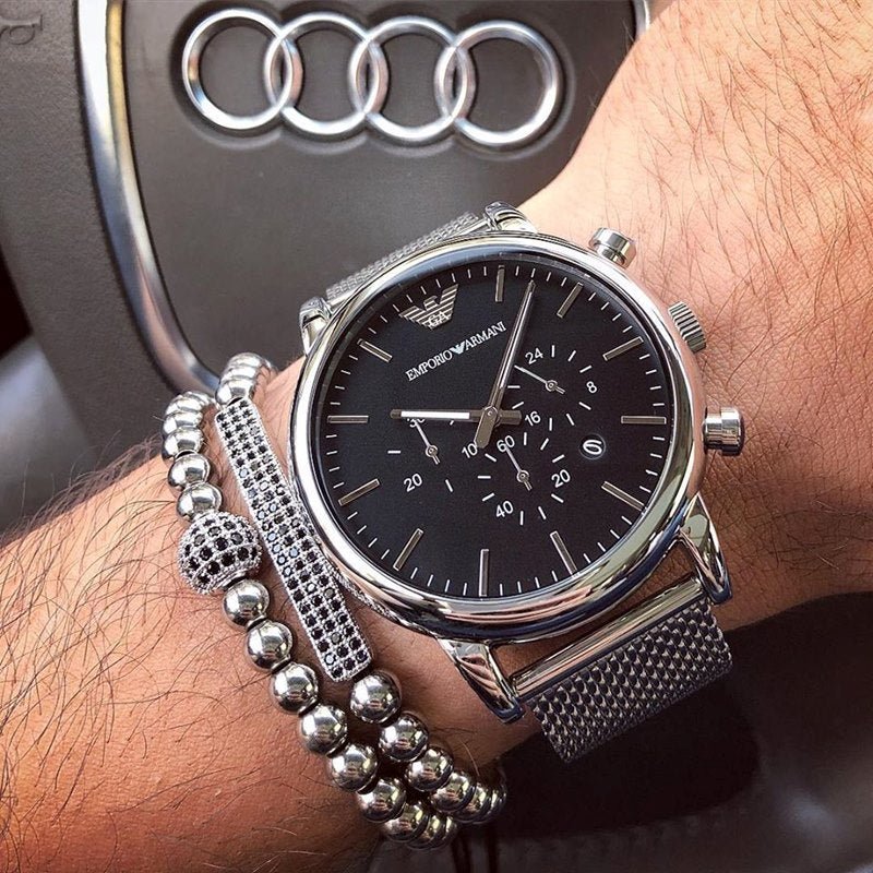 Emporio Armani Classic Chronograph Black Dial Silver Mesh Bracelet Watch For Men - AR1808 Buy Now By Emporio Armani