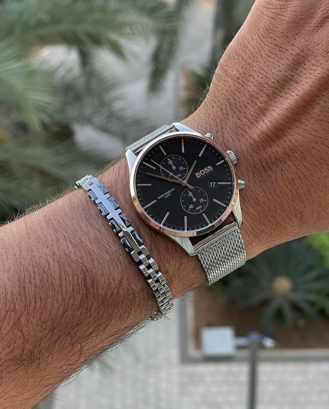 Hugo Boss Associate Black Dial Silver Mesh Bracelet Watch for Men - 1513805 Buy Now By Hugo Boss