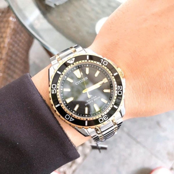 Citizen Eco Drive Promaster Diver Black Dial Two Tone Steel Strap Watch For Men - BN0194-57E Buy Now By Citizen