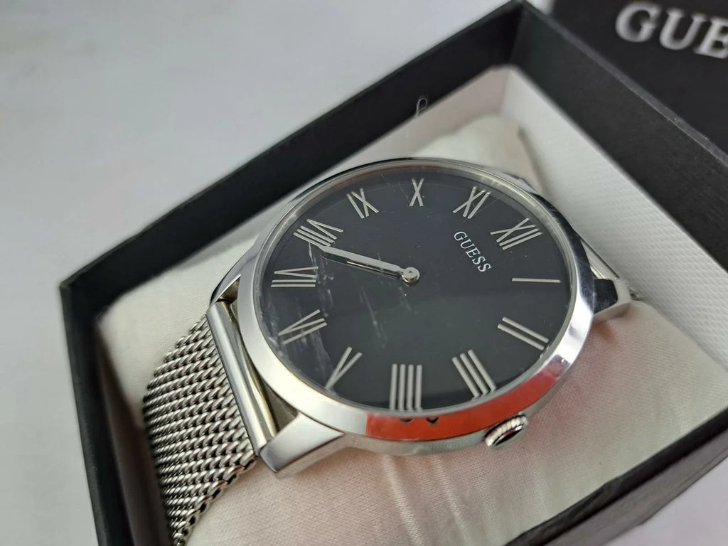 Guess Analog Black Dial Silver Mesh Bracelet Watch for Men - W1263G1 Buy Now By Guess