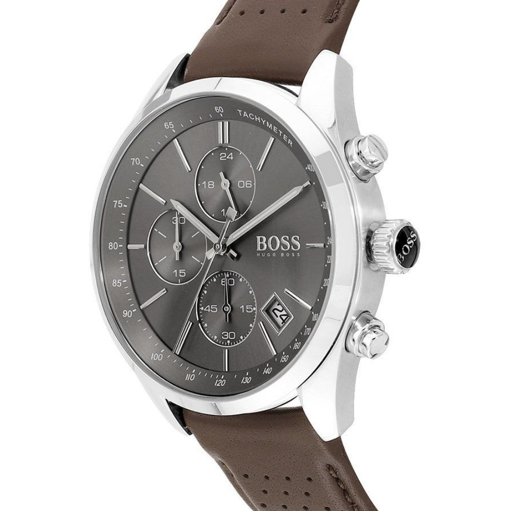 Hugo Boss Grand Prix Grey Dial Brown Leather Strap Watch for Men - 1513476 Buy Now By Hugo Boss