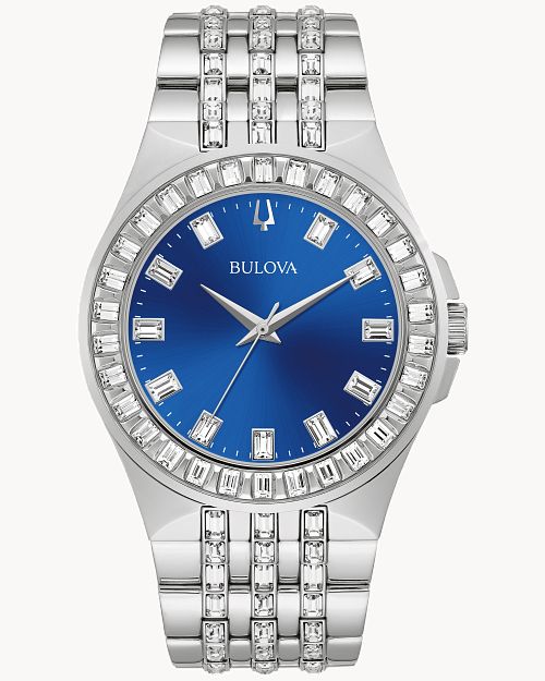 Bulova Phantom Baguette Crystal Blue Dial Silver Steel Strap Watch for Men - 96A254 Buy Now By Bulova