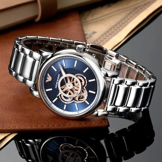 Emporio Armani Luigi Chronograph Skeleton Blue Dial Silver Steel Strap Watch For Men - AR60036 Buy Now By Emporio Armani