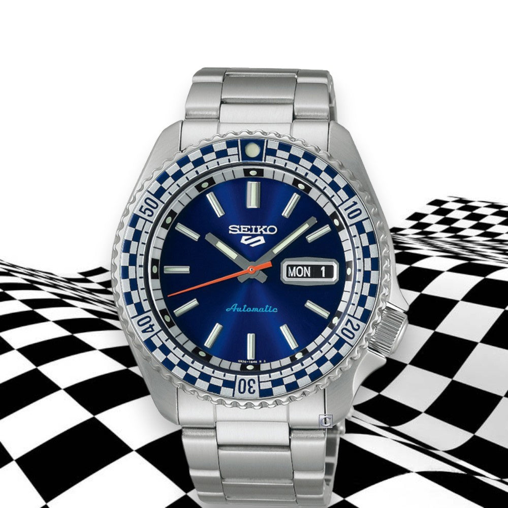 Seiko 5 Sports Petrol Blue Checker Flag Special Edition Blue Dial Silver Steel Strap Watch For Men - SRPK65K1 Buy Now By Seiko