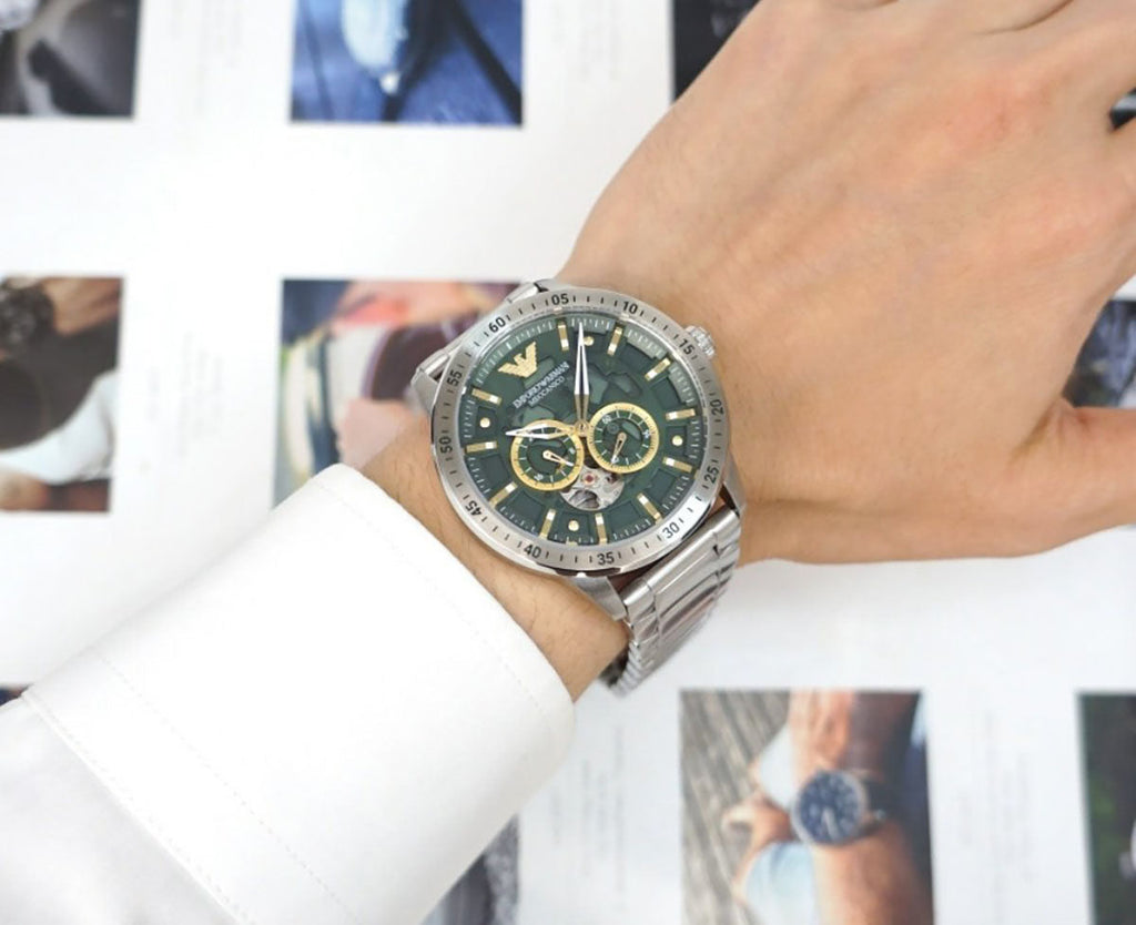 Emporio Armani Meccanico Chronograph Automatic Green Dial Silver Steel Strap Watch For Men - AR60053 Buy Now By Emporio Armani