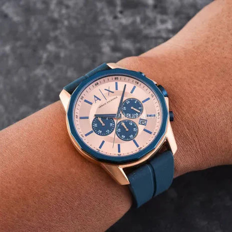 Armani Exchange Hampton Chronograph Rose Gold Dial Blue Silicone Strap Watch For Men - AX1730 Buy Now By Armani Exchange