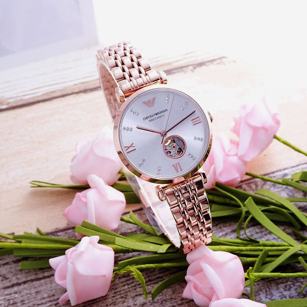 Emporio Armani Gianni T-Bar Silver Dial Rose Gold Steel Strap Watch For Women - AR60023 Buy Now By Emporio Armani