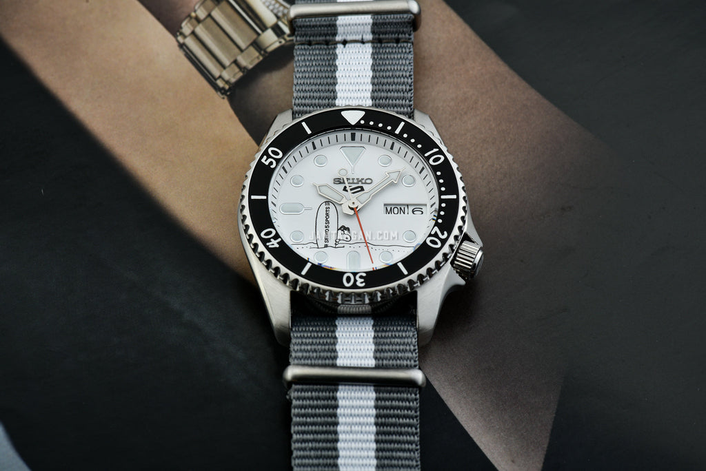 Seiko 5 Sports x Peanuts Surfboard Snoopy Limited Edition White Dial Two Tone NATO Strap Watch For Men - SRPK25K1 Buy Now By Seiko