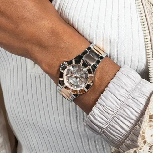 Guess Sunray Multifunction Crystals Silver Dial Two Tone Steel Strap Watch For Women - GW0616L3 Buy Now By Guess
