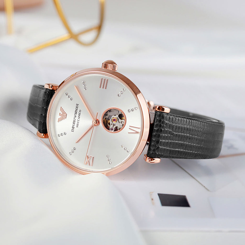 Emporio Armani Gianni T Bar Mother of Pearl White Dial Black Leather Strap Watch For Women - AR60047 Buy Now By Emporio Armani