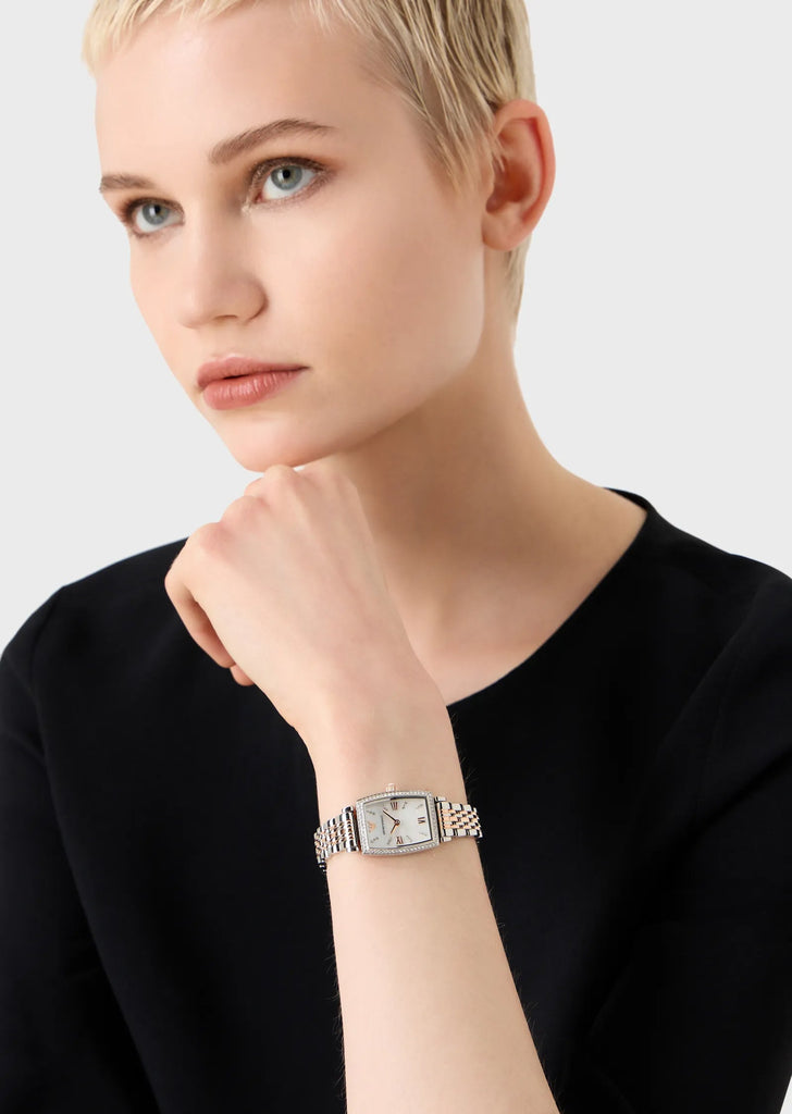 Emporio Armani Gianni T Bar White Mother Of Pearl Dial Two Tone Steel Strap Watch For Women - AR11519 Buy Now By Emporio Armani