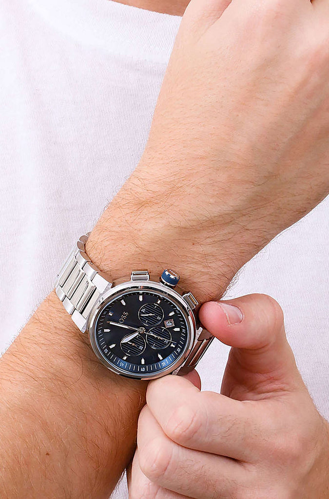 Hugo Boss One Chronograph Blue Dial Silver Steel Strap Watch For Men - 1513999 Buy Now By Hugo Boss