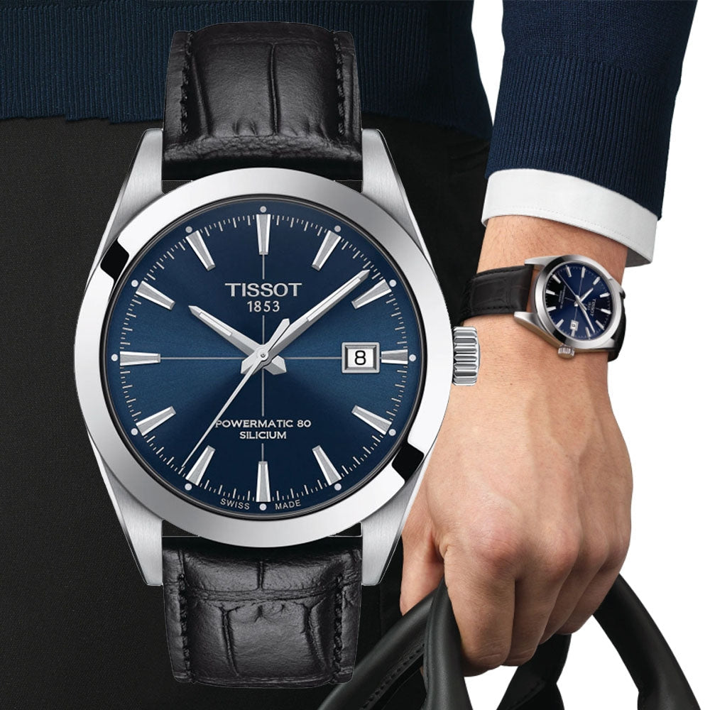 Tissot Gentleman Powermatic 80 Silicium Blue Dial Black Leather Strap Watch For Men - T127.407.16.041.01 Buy Now By Tissot