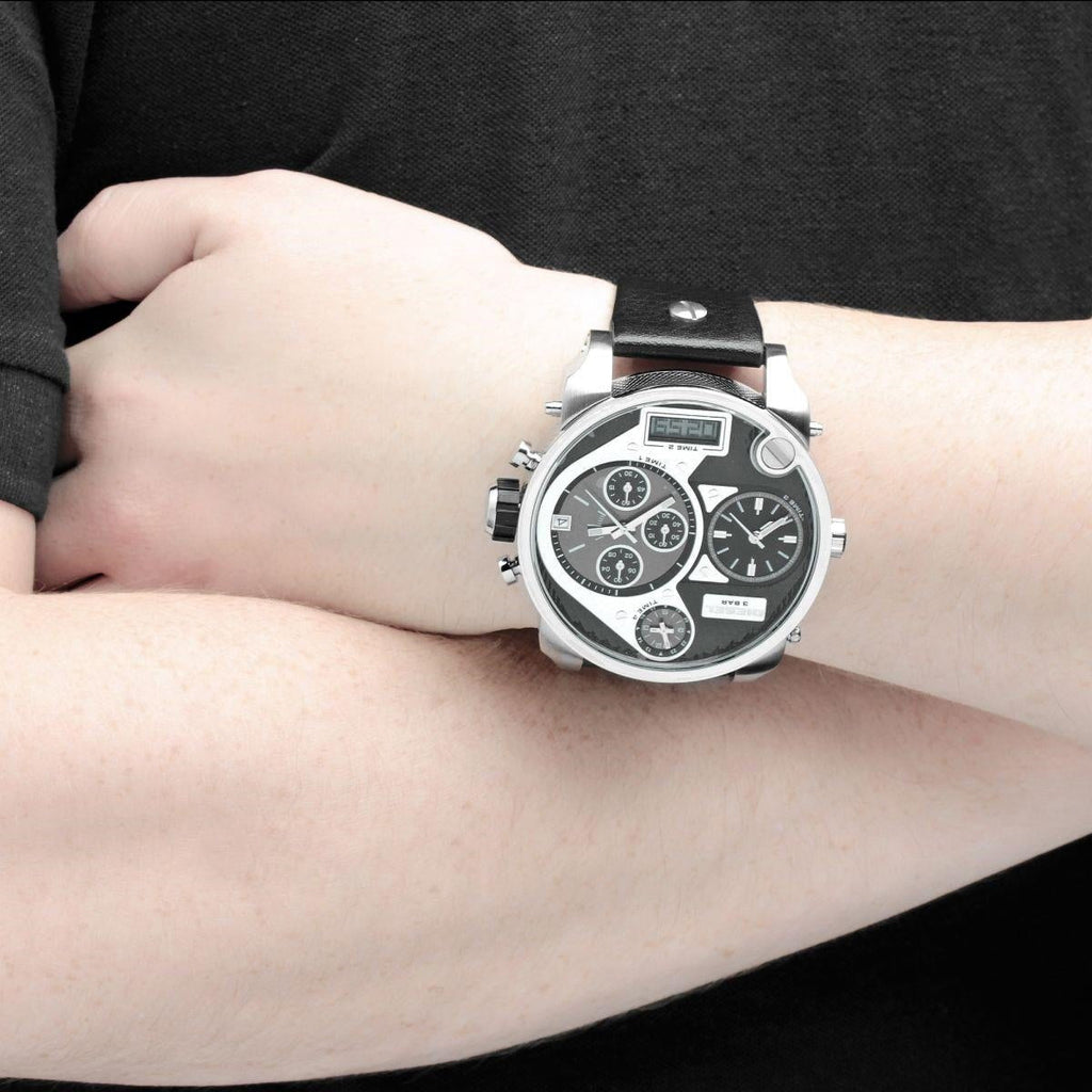 Diesel Mr Daddy Chronograph White Dial Black Leather Strap Watch For Men - DZ7125 Buy Now By Diesel