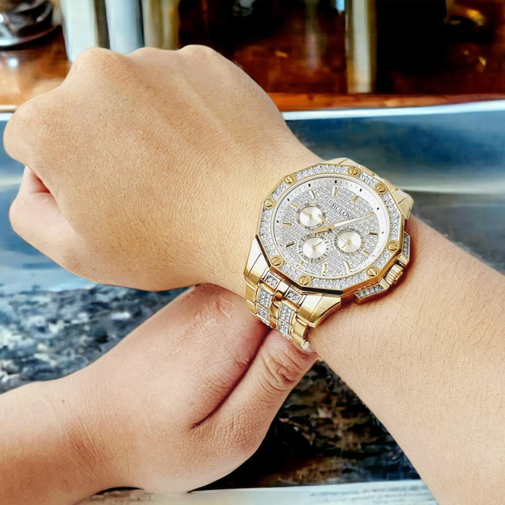 Bulova Crystal Collection Octova White Dial Gold Steel Strap Watch for Men - 98C126 Buy Now By Bulova