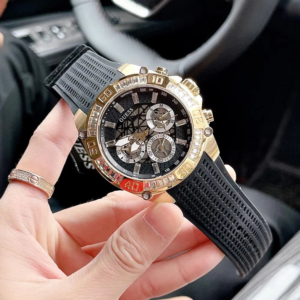 Guess Trophy Multifunction Black Dial Black Rubber Strap Watch for Men - GW0333G2 Buy Now By Guess