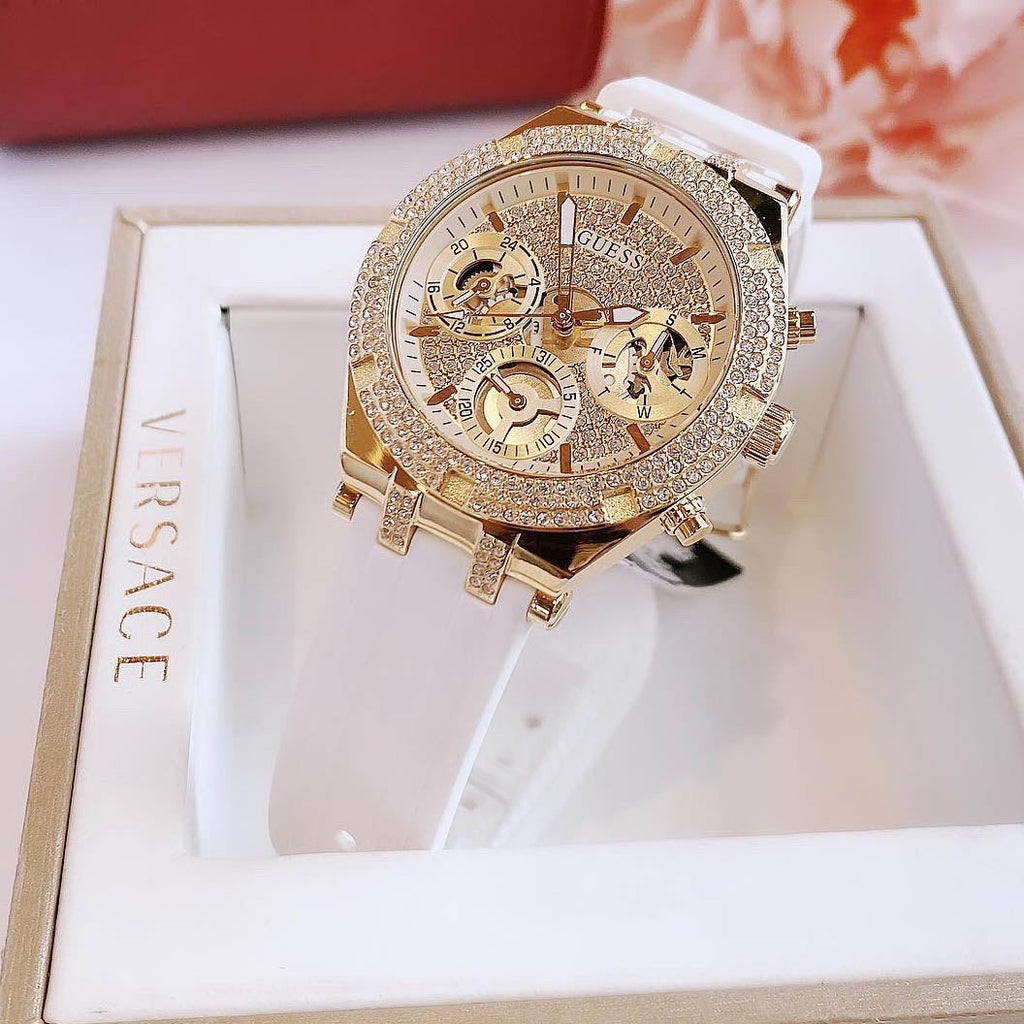 Guess Heiress Diamonds Gold Dial White Rubber Strap Watch for Women - GW0407L2 Buy Now By Guess