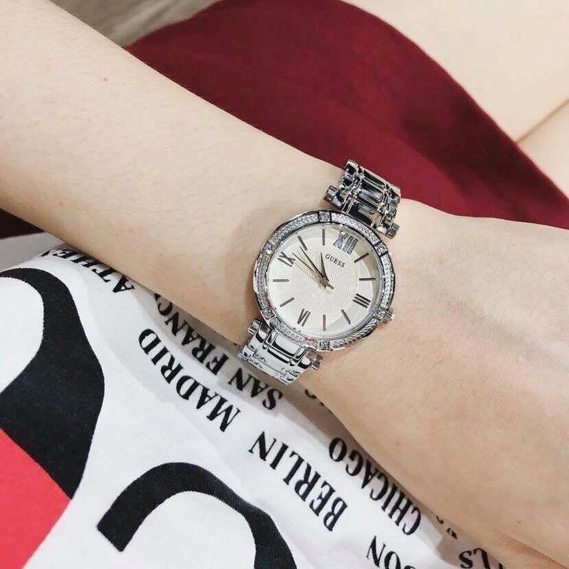 Guess Park Ave White Dial Silver Steel Strap Watch for Women - W0767L1