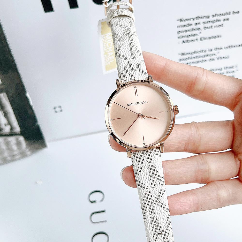 Michael Kors Jayne Three Hand Rose Gold Dial White Leather Strap Watch For Women - MK7128 Buy Now By Michael Kors