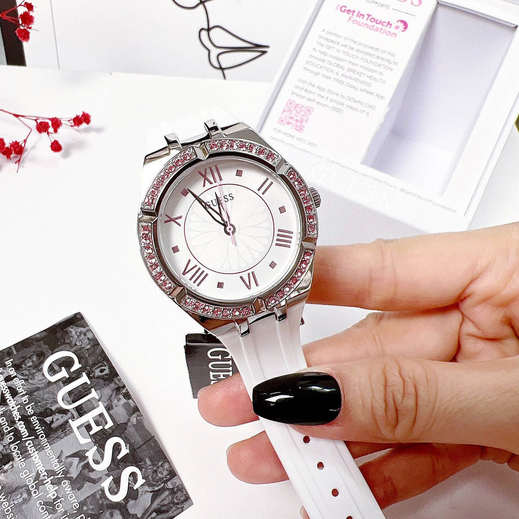 Guess Sparkling Silver Dial White Rubber Strap Watch For Women - GW0032L1 Buy Now By Guess