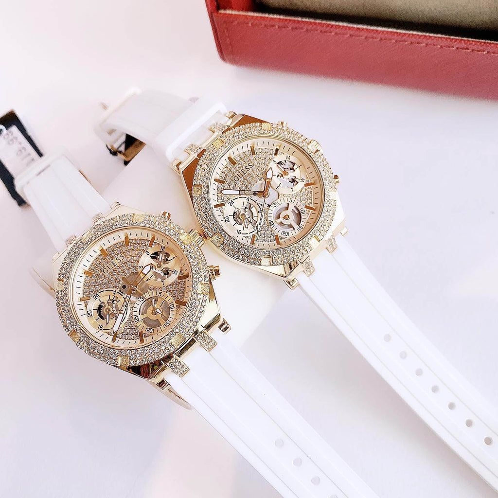 Guess Heiress Diamonds Gold Dial White Rubber Strap Watch for Women - GW0407L2 Buy Now By Guess