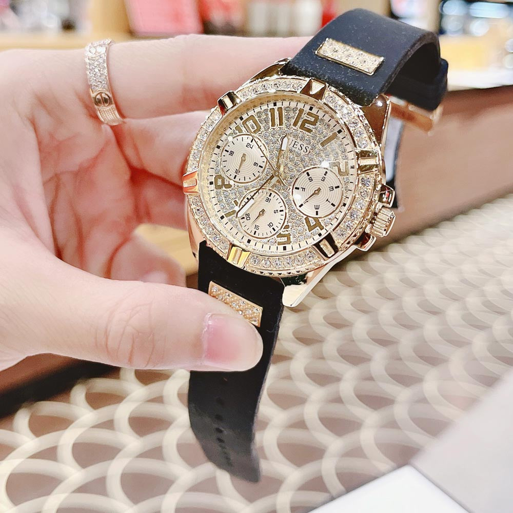 Guess Frontier Diamonds Gold Dial Black Rubber Strap Watch For Women - W1160L1 Buy Now By Guess