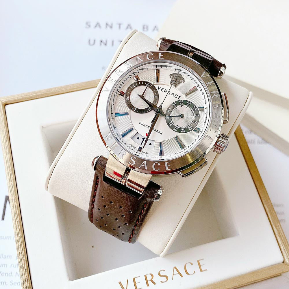 Versace Aion Chronograph White Dial Brown Leather Strap Watch for Men - VBR010017 Buy Now By Versace