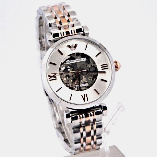 Emporio Armani Gianni T Bar Silver Skeleton Dial Two Tone Strap Watch For Women - AR1992 Buy Now By Emporio Armani