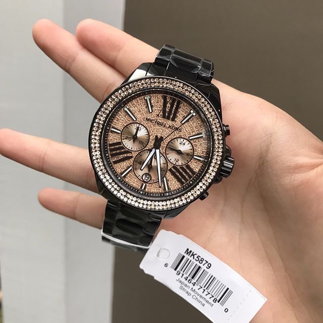 Michael Kors Wren Chronograph Gold Diamonds Dial Black Steel Strap Watch for Women - MK5879 Buy Now By Michael Kors