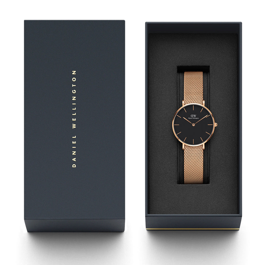 Daniel Wellington Classic Melrose Black Dial Rose Gold Mesh Bracelet Watch For Women - DW00100161 Buy Now By Daniel Wellington