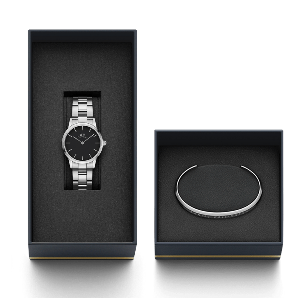 Daniel Wellington Iconic Link Black Dial Silver Steel Strap Watch For Women - DW00100208