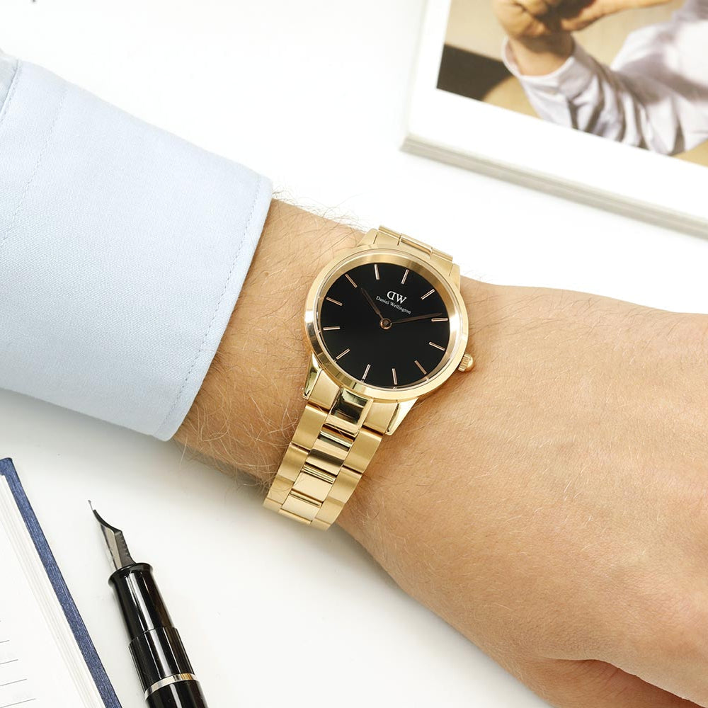 Daniel Wellington Iconic Link Black Dial Rose Gold Steel Strap Watch for Women - DW00100210