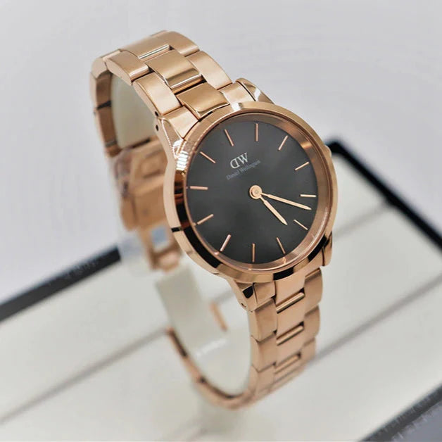 Daniel Wellington Iconic Link Black Dial Rose Gold Steel Strap Watch for Women - DW00100212