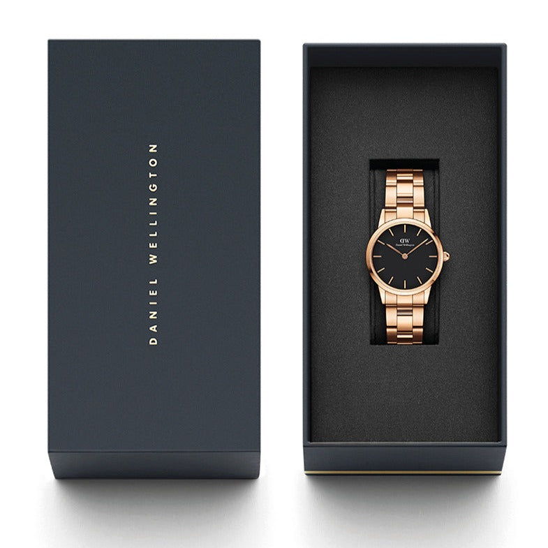 Daniel Wellington Iconic Link Analog Black Dial Rose Gold Steel Strap Watch For Women - DW00100214 Buy Now By Daniel Wellington